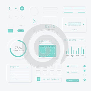 UI UX Neumorphism element interface design vector design set on light background. UI Components Buttons, Bars, Sliders In Elegant