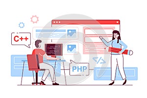 UI UX Programming concept in flat line design. Vector illustration