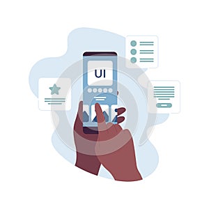 UI, UX and web design concept. Vector flat illustration. Human hand of african american holding smartphone and touch screen by