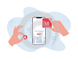 UI, UX and web design concept. Vector flat illustration. Human hands make application. Web page interface layout elements symbol