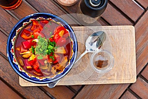 Uigur soup lagman with meat and vegetables