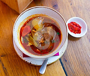 Uigur soup lagman with meat and vegetables