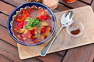 Uigur soup lagman with meat and vegetables