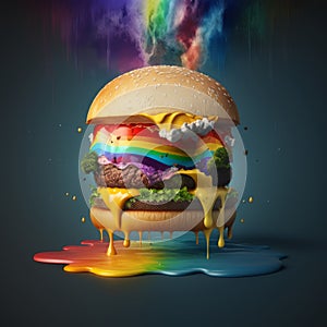 uiux hamburger dripping with cheese like rainbow image generative AI photo