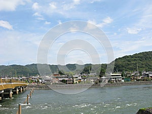 Uji Bashi Bridge runs across the Uji-gawa River in Uji City of Kyoto