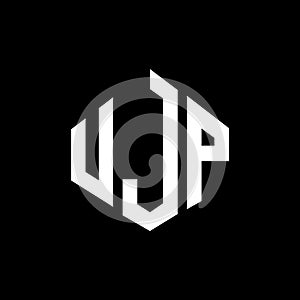 UJP letter logo design with polygon shape. UJP polygon and cube shape logo design. UJP hexagon vector logo template white and