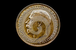 UK 1921 Farthing coin, showing head King George V and date 1921, with the surrounding legend: GEORGIVS V DEI GRA:BRITT:OMN:REX FID