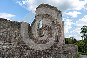 UK Abergavenny Castle Ruins on Blue Sky