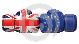 UK against EU boxing glove, Britain vs. European Union international conflict or rivalry, Brexit concept, 3d rendering