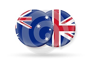 UK and Australia circle flags. 3d icon. Round British and Australian national symbols. Vector illustration