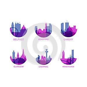 UK Belfast, Bradford, Cardiff, Glasgow, Liverpool, Manchester vector logos