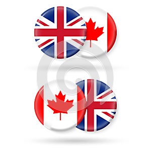 UK and Canada circle flags. 3d icon. Round British and Canadian national symbols. Vector
