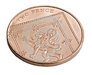 A UK copper two pence coin