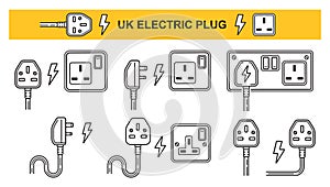 UK electric plug socket, British electrical power outlet. English ac cable. Electricity energy. Electro equipment wire line icon