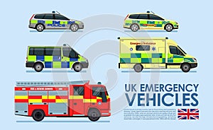 UK Emergency vehicles cars, police car, ambulance van, fire truck isolated on blue background