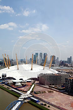 UK, England, London, 02 Arena and Canary Wharf Skyline