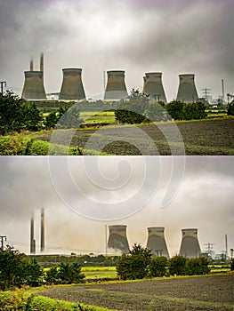 UK - Ferrybridge Power Station Cooling Towers Demolition - Before and After - Oct. 13th 2019 West Yorkshire - England