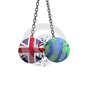 UK flag ball hits planet earth. Environmental impact concept. 3D Render