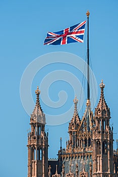 UK flag with Big Ben and House of Parliament in the background