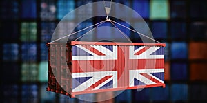 UK  flag container on stacked containers background. 3d illustration