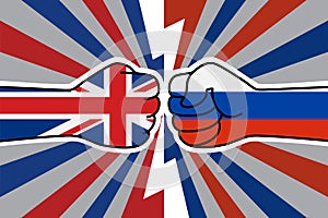 UK flag fist vs russian flag fist. UK sanctions. Cold war of the united kingdom and russia. Great Britain Russian military