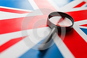 UK flag looking through a magnifying glass. The study of the history and culture of the people of the great country of England.