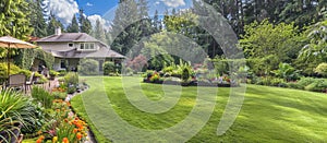 UK garden with naturalistic design yard hard landscaping, summer retreat house panorama