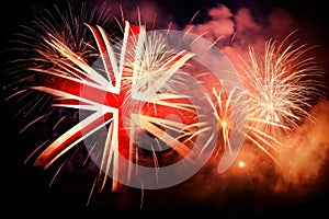 Uk great britain union jack flag with fireworks celebration. Generative ai