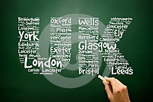 UK Hand drawn letters with cities names words cloud concept on b