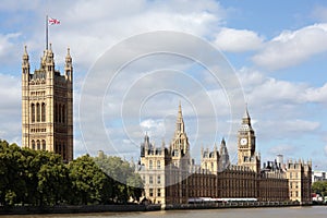 UK Houses of Parliament, London, River Thames, Big Ben, landscape view, copy space