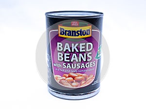 UK, Jan 2020: Branston baked beans and sausage in a tin on white background