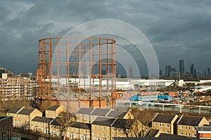 UK, London, The Oval Gasholder in the city view