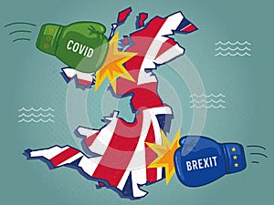 UK map being hit by boxing gloves representing impact of Covid and Brexit.