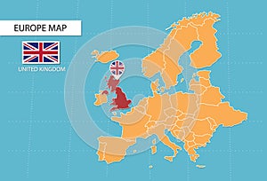 UK map in Europe, icons showing UK location and flags