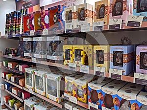 UK, March 2020: Thorntons chocolate Easter egg range shelves in store