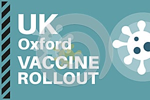 UK Oxford Vaccine Rollout - Illustration with virus logos on a blue background