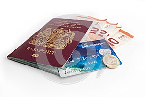 UK passport with cash card and euro currency photo