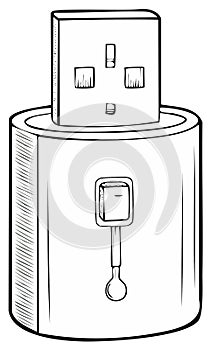 UK Power Plug Adapter with Switch and Outlet in Black and White Illustration
