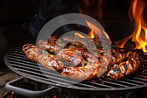 uk-style banger sausages sizzling on a hot grill plate