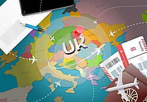 UK travel concept map background with planes,tickets. Visit UK t