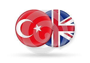 UK and Turkey circle flags. 3d icon. Round Turkish and British national symbols. Vector illustration