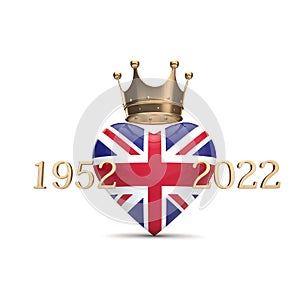 UK Union Jack heart with a gold crown. Queen Jubilee concept. 3D Rendering photo