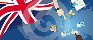 UK United Kingdom England economy fiscal money trade concept illustration of financial banking budget with flag map