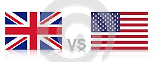 UK versus USA. The United Kingdom against the United States of America. National flags with reflection.