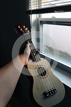 Ukelele in hand at window