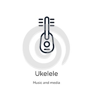 Ukelele icon. Thin linear ukelele outline icon isolated on white background from music collection. Line vector sign, symbol for