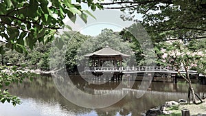 Ukimido, large quaint gazebo in Nara Park, Japan in summer time