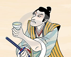 Ukiyo e kabuki actor enjoying sake