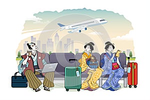 Ukiyo-e people waiting their flight