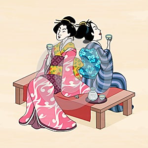 Ukiyo e style geisha enjoying sake